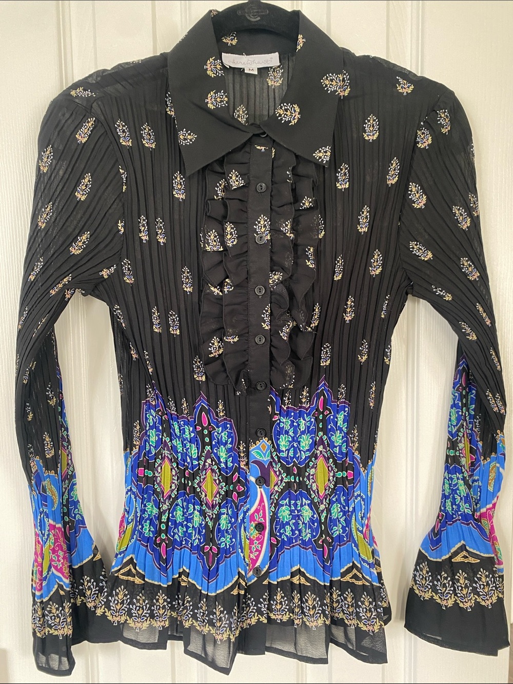 KEREN HART Black Ruffle Button-Front Blouse with Blue Yellow & Pink Florals - Picture 5 of 15